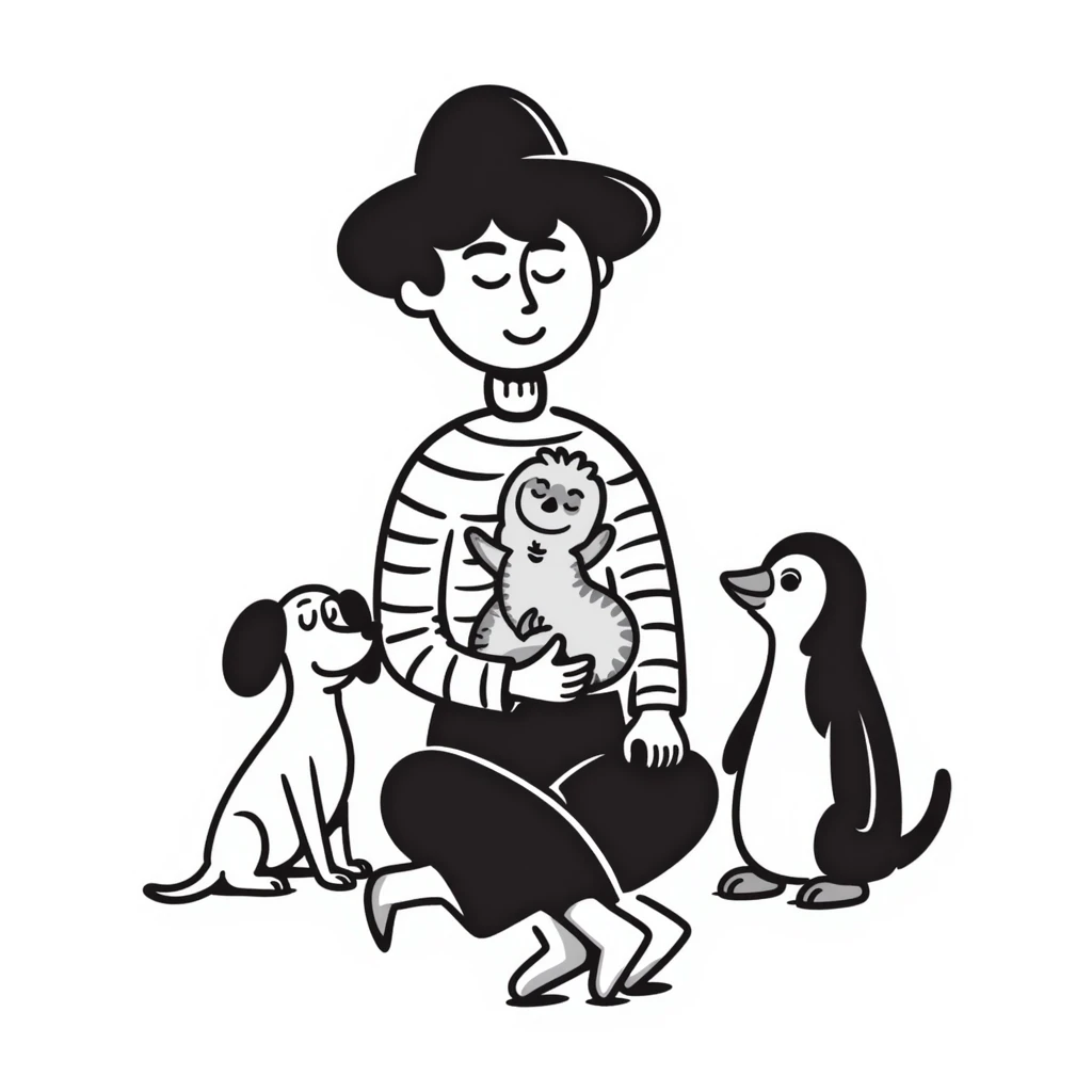 hand-drawn doodle of a sleepy, creative musician with dachshund, penguin, and sloth, wearing stylish clothes emoji
