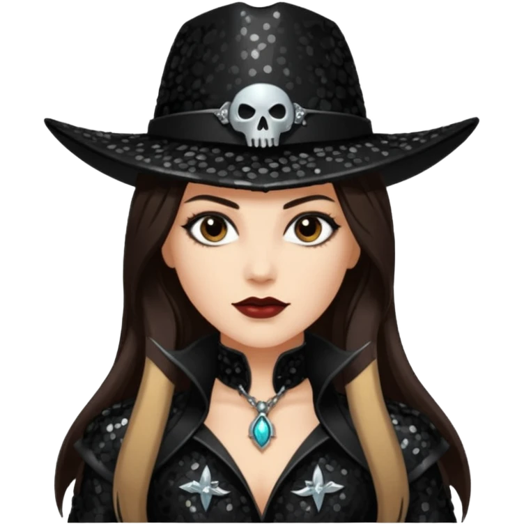 Van Helsing from Dracula with long dark brown hair, black sequin outfit emoji