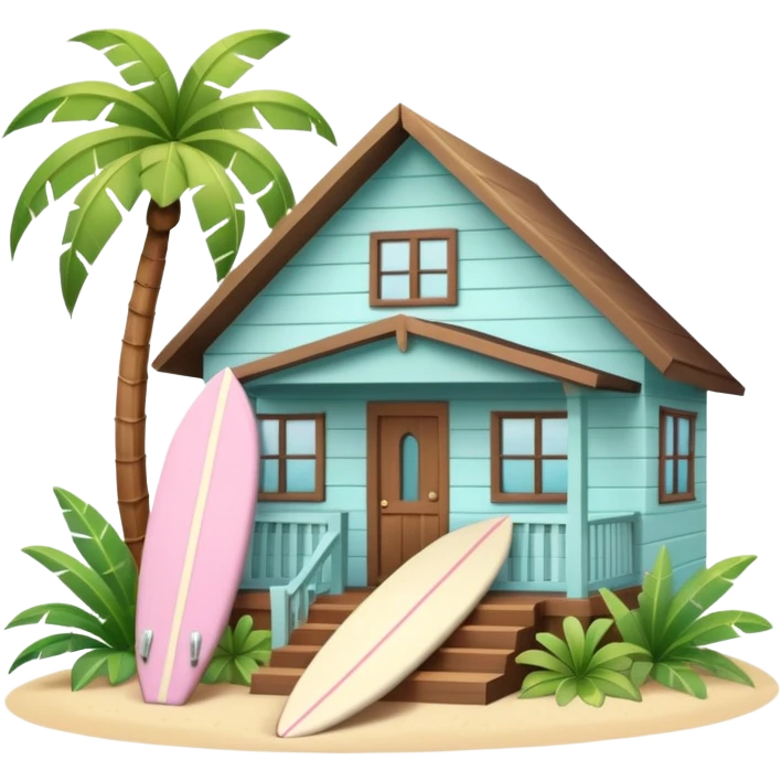 Hawaiian bungalow house, pastel colors, wooden porch, surfboard leaning on wall, palm leaves, tropical vibe, cute mobile game icon style, 3D cartoon, clean background, no text
 emoji