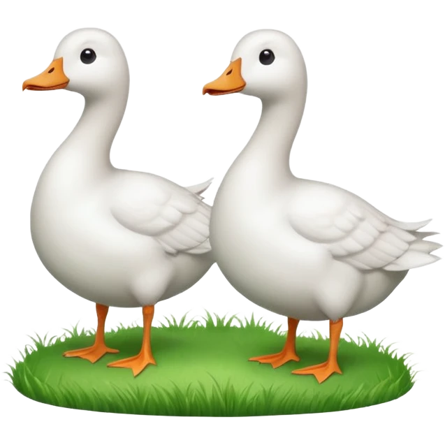 white geese standing on a small green hill, front view, foggy emoji