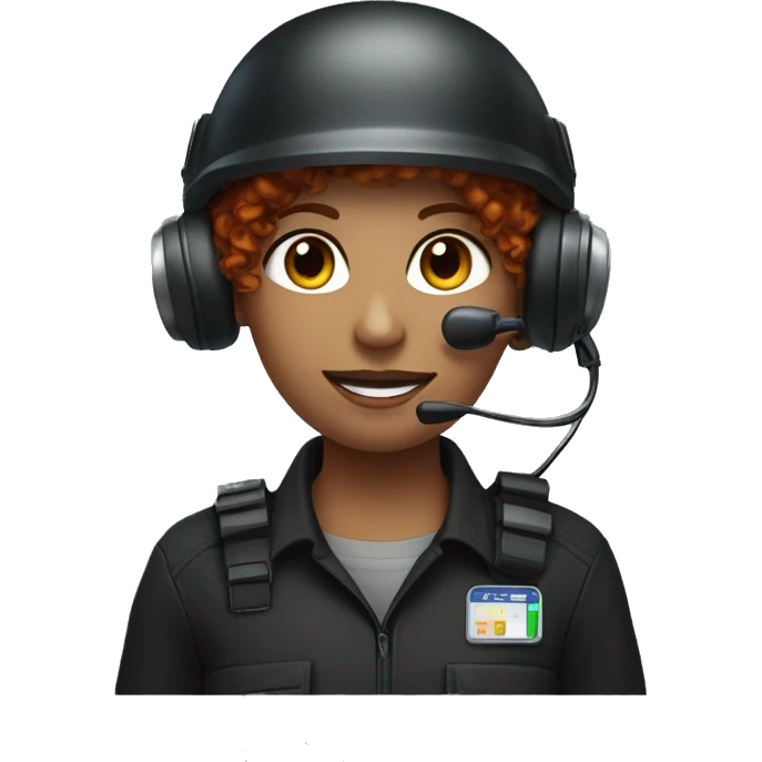 operator dressed in black with a milatary helmet, without glasses, wearing a headset, ready to respond to alerts, preferably curly redhead female  emoji