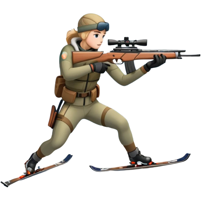 An icon showing a snowy landscape with pine trees, mountains, and a clear sky with a biathlete aiming a rifle in the foreground, wearing winter gear and skis. Transparent background emphasizes the precision, endurance, and beauty of this winter sport. emoji