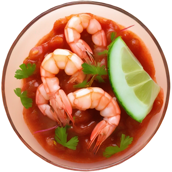 Shrimps in clear glass with red sauce and chopped cilantro and onions cucumber  emoji