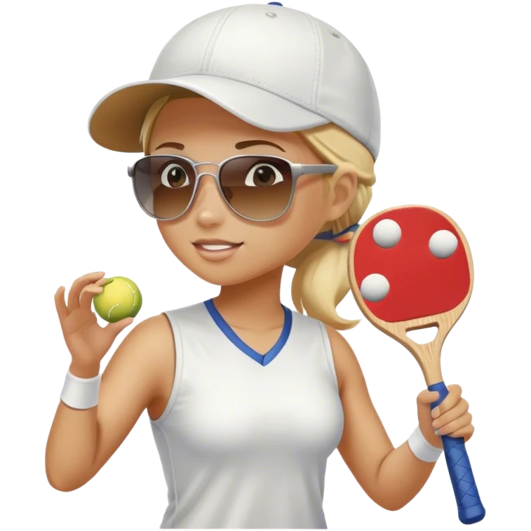 Girl with blond hair in a ponytail wearing a white baseball cap and sunglasses playing pickleball emoji