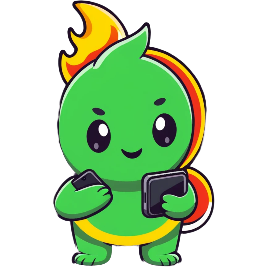 Adorable battle royale character celebrating a victory, with a smartphone showing Free Fire game, surrounded by small stars and flames emoji