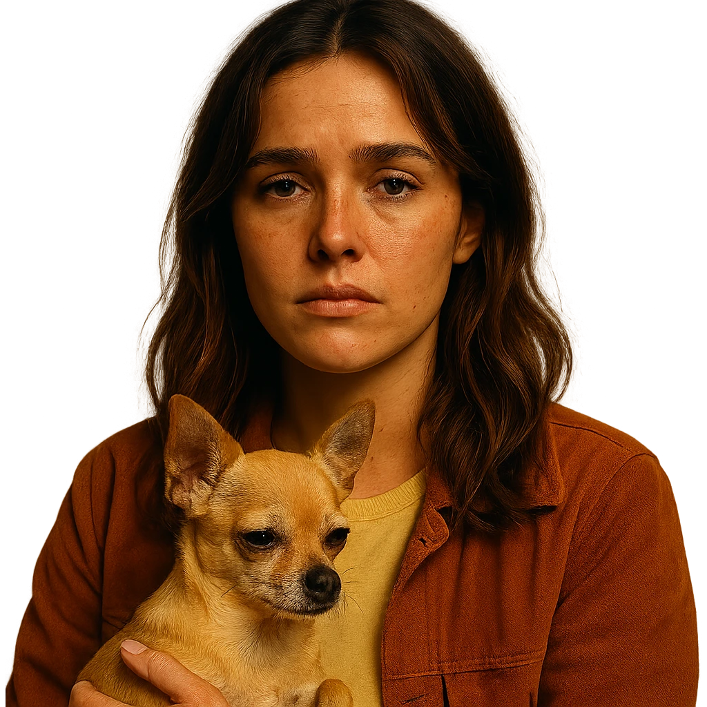Portrait for Instagram profile picture inspired by the facial features visible in the reference images, with a tanned complexion, subtle freckles, wearing a shirt color #FFF8CA and a rust-colored jacket, medium-length brown hair with auburn highlights, tired and resigned expression, holding a beige-brown chihuahua, in the style of a Netflix series, intimate Tenerife ambiance, transparent background. emoji