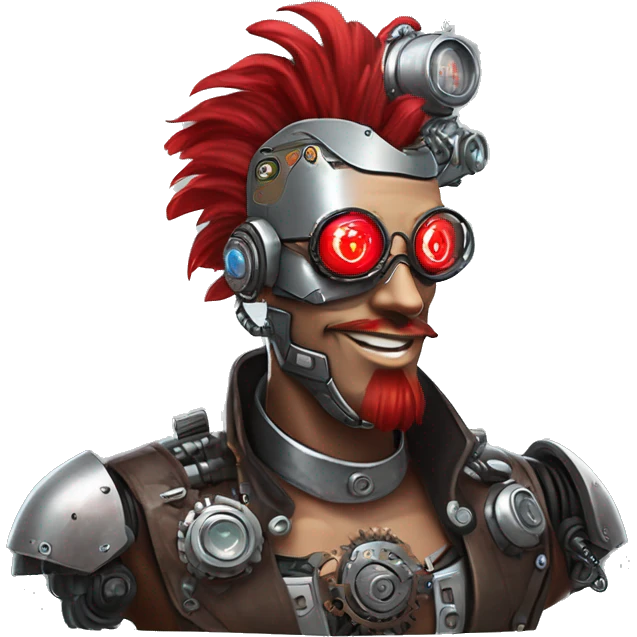 cyborg head with red Mohawk, red beard. silver steampunk monocle goggles a smile and circuits emoji