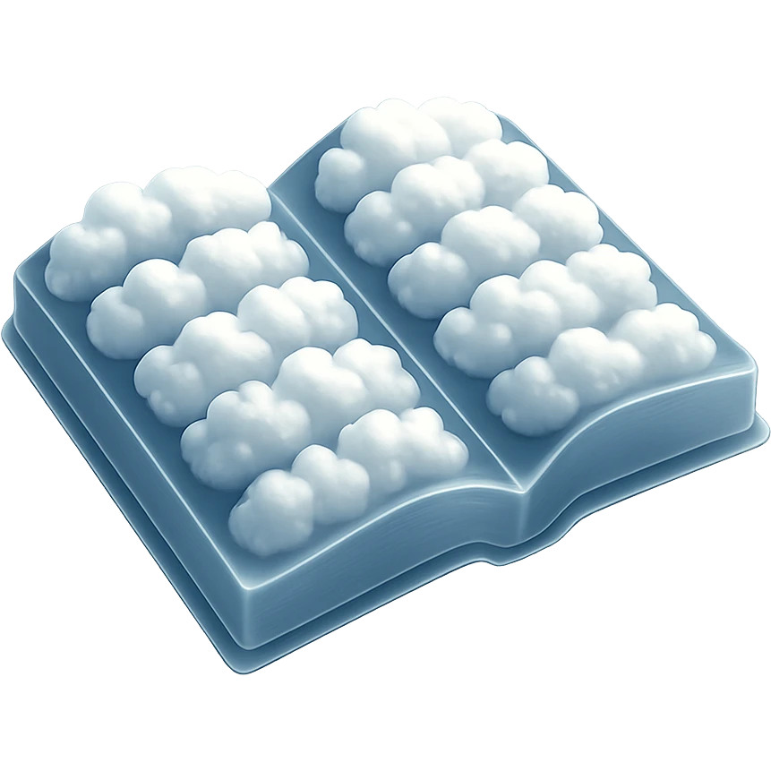 top view of a thick open book made entirely of small, very bright white fluffy convex clouds, matte glass style, no background emoji