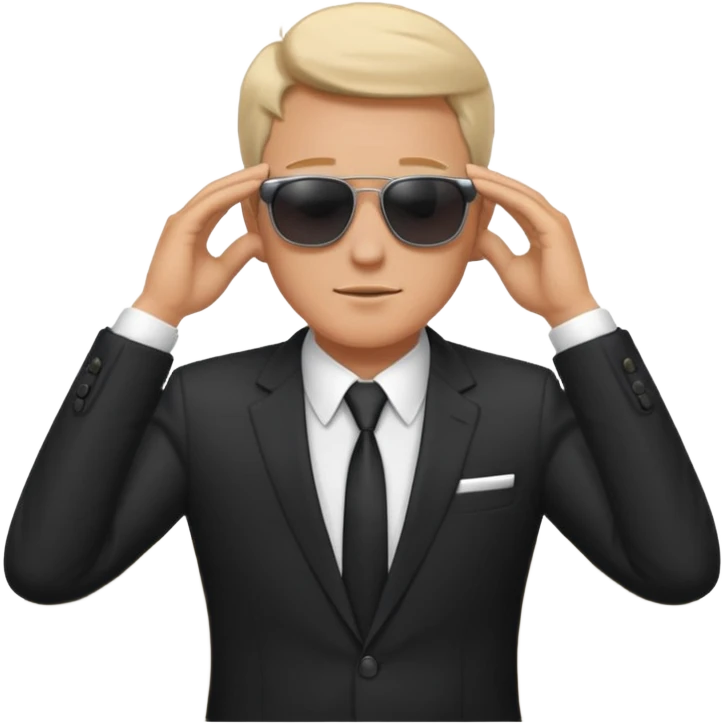 white man in formal suit wearing sunglasses resting with hands behind head emoji