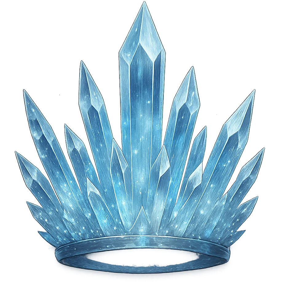 a crystal crown with sharp, transparent blue crystals, shimmering with silver flecks and a soft ethereal light emoji