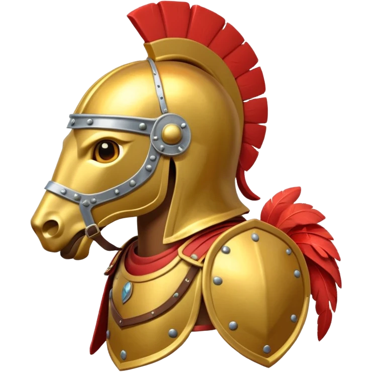 An emoji of a powerful Roman warhorse in full armor, with a feathered helmet. emoji