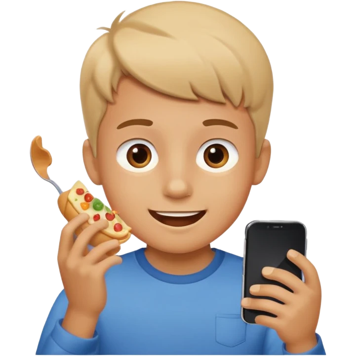 a boy watching videos on his phone while eating, cheerful expression emoji