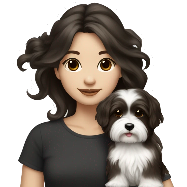 young female artist tan with long dark brown hair painting black+white havanese emoji