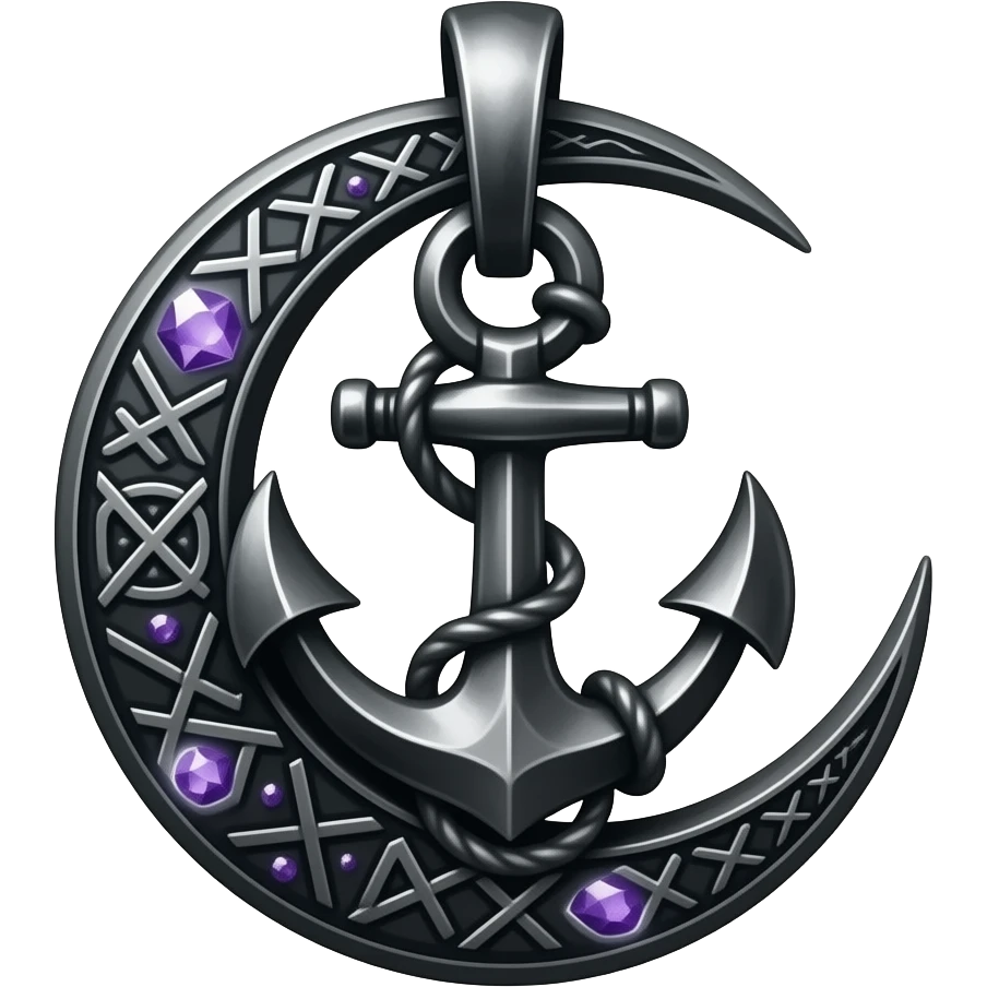 „blackened crescent‑moon and anchor pendant fused together, intricate runic engravings, small purple crystals emitting mist, moonlight reflecting on metal, ethereal atmosphere, high detail, no characters“ emoji