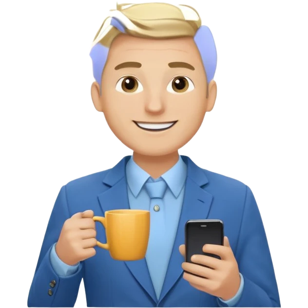 Confident and outgoing male entrepreneur, Caucasian features, blonde hair, big friendly smile, expressive eyes, defined eyebrows, wearing a blue blazer over a light blue shirt, holding a smartphone in one hand and a coffee cup in the other, waist-up, front-facing emoji