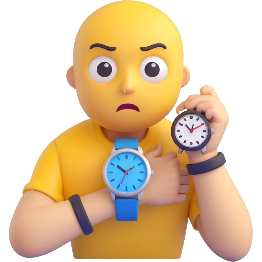 A yellow emoji face with a worried expression, looking at a wristwatch with raised eyebrows, showing urgency and stress emoji