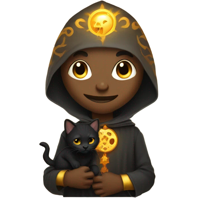 A sun warlock who has light skin and is holding a black kitten emoji