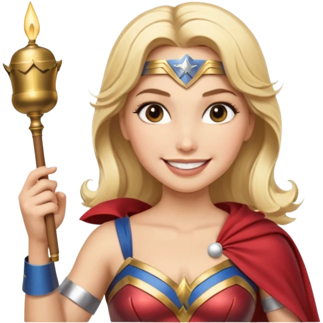 Blonde Wonder Woman holding short white orchestra conductor’s baton and bell emoji