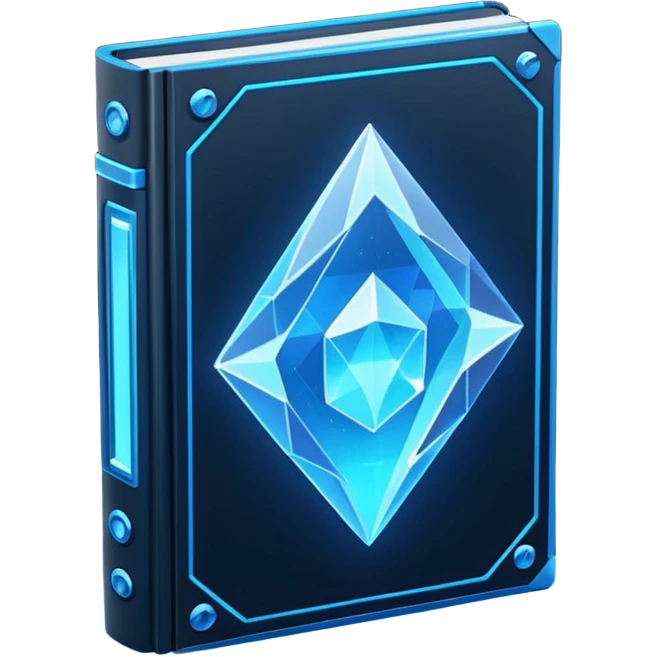 Futuristic holographic data book icon, dark sci-fi interface style, crystal neon blue light, sharp geometry, high tech game UI icon, minimalistic, cyber space theme, volumetric glow, centered, transparent background, no cartoon, no cute, no emoji face, 100x100 px emoji