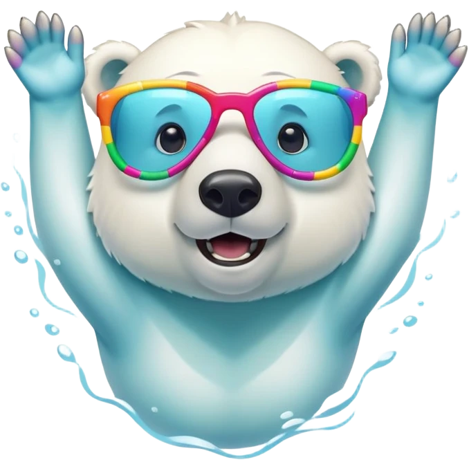 friendly anthropomorphised polar bear swimming in a crawl pose, wearing oversized colorful star glasses, excited expression, no festive outfit emoji