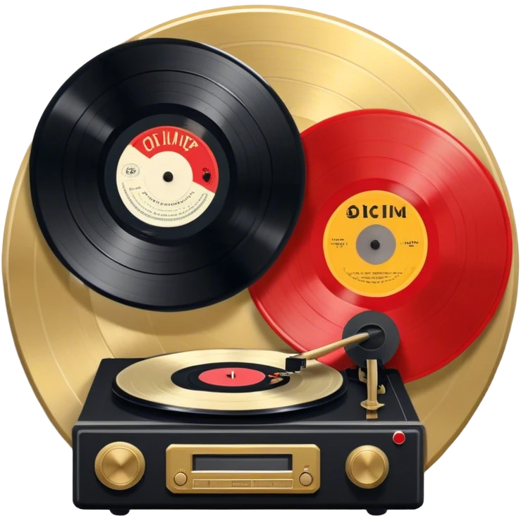Icon for Vinyl Record Collecting: large black, golden and red vinyl records in decorative packaging featuring artist images, neatly arranged on a wall or shelf, modern vinyl record player. The icon should reflect the aesthetic and artistic aspect of collecting vinyl records. Transparent background. emoji