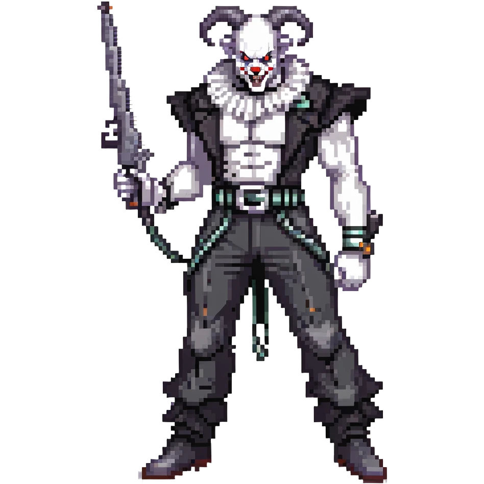 full-body muscular demonic clown in a black and white leisure suit with bellbottom pants, bald, with black ram horns, flashy black and white belt, ruffled white shirt, no neck tie, large fangs, holding a very large futuristic rifle emoji