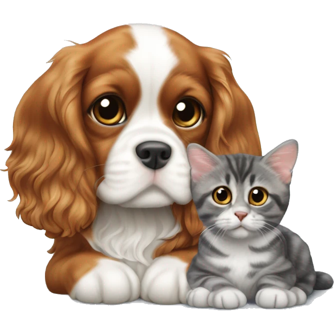 Cavalier King Charles Spaniel puppy sits next to a British gray tabby cat emoji