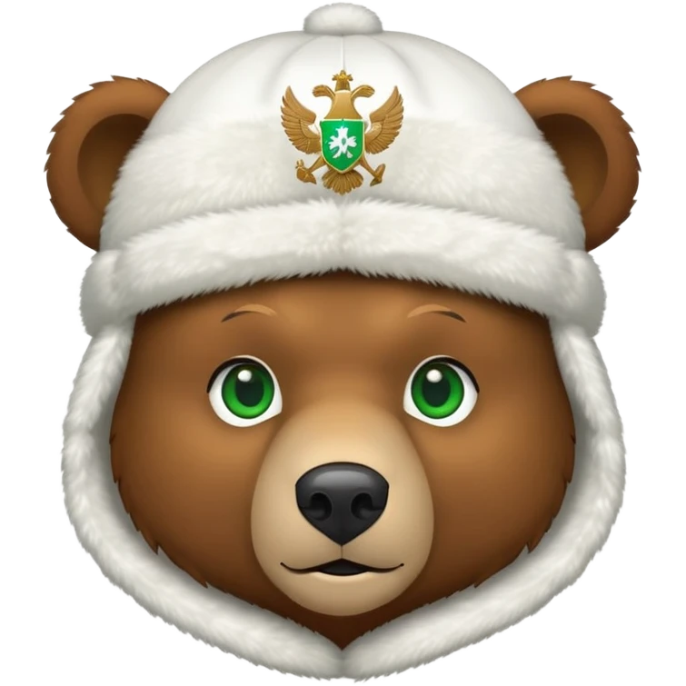 Minimalist cute brown bear head with green eyes, wearing white ushanka hat with simplified Russian double-headed eagle coat of arms, iOS emoji style emoji