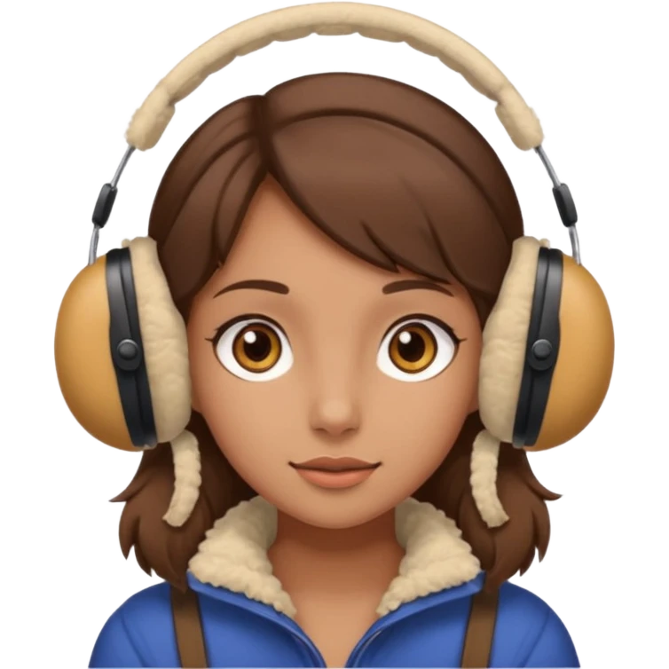 A girl wearing beige ear muffs, tan skin, brown hair, brown eyes emoji