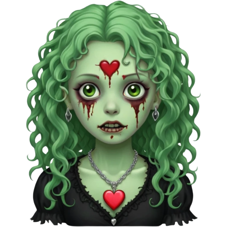 a green zombie girl with a scar on her face, long curly hair, wearing a black blouse and a silver necklace with a heart pendant. emoji