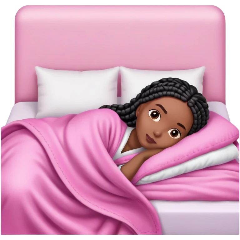A dark-skinned Black woman with black box braids, lying on her side in bed, wrapped in a blanket, resting on a pink pillow emoji