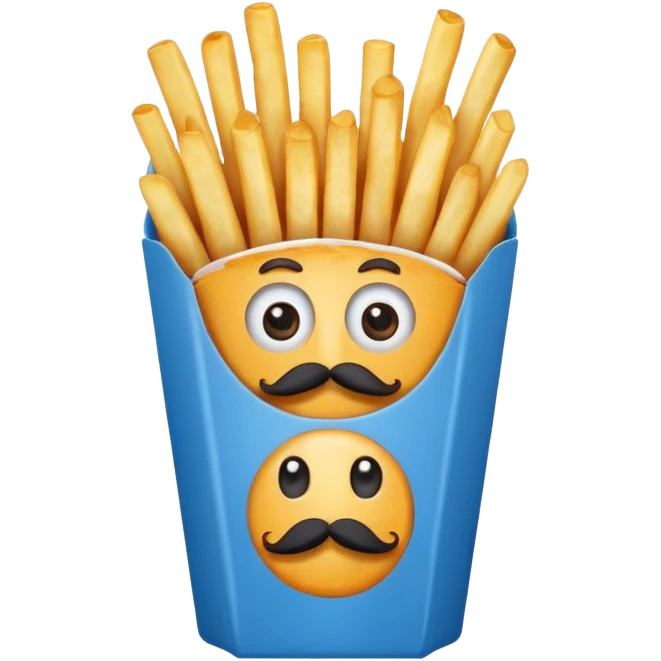 long slim crispy fries in a blue carton, carton has eyes and mustache emoji