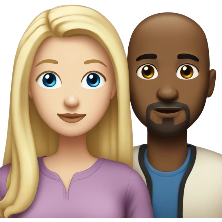 Blonde woman with blue eyes and long straight hair and black man who is bald with a goatee in love with each other  emoji