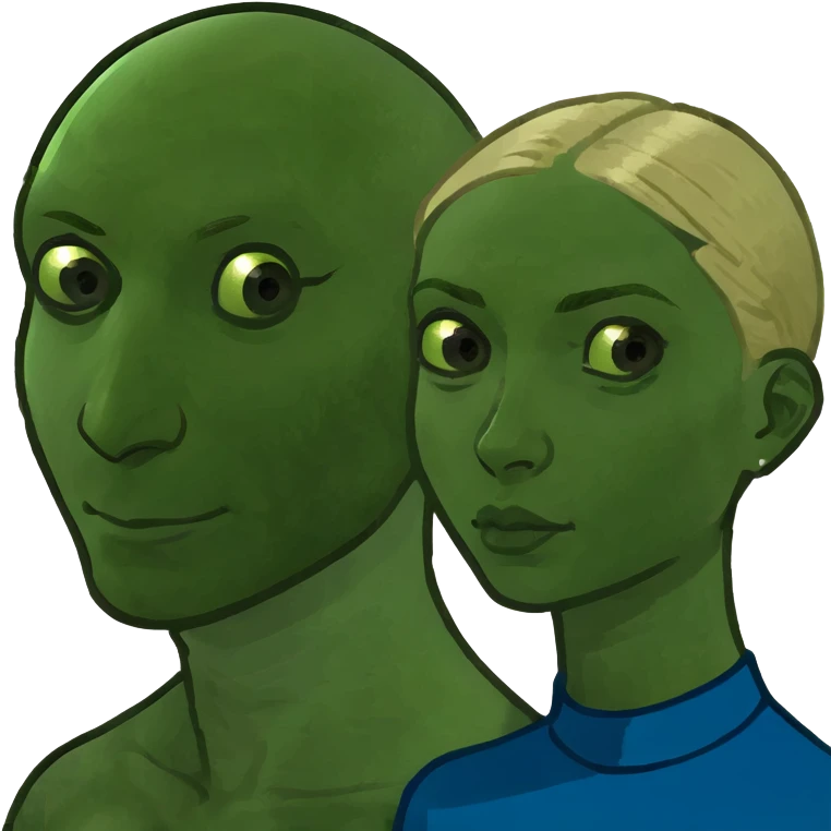 a beautiful woman with blond hair and brown eyes with her husband whos white with blue eyes, a blonde goatie and is bald  emoji