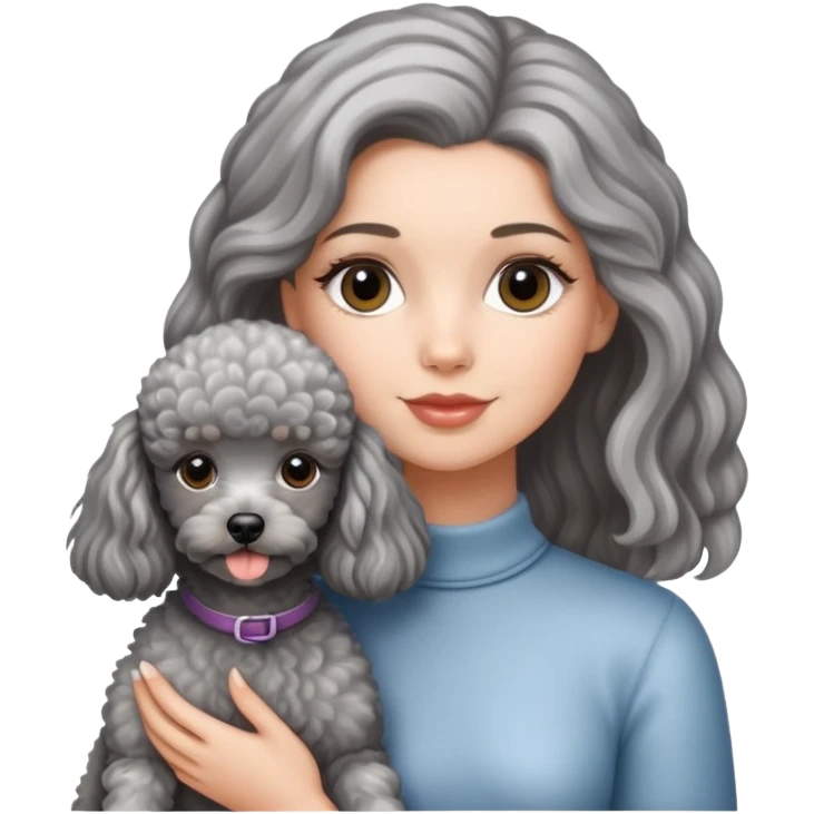 A beautiful American-style girl has streaked hair and a miniature gray Poodle. emoji