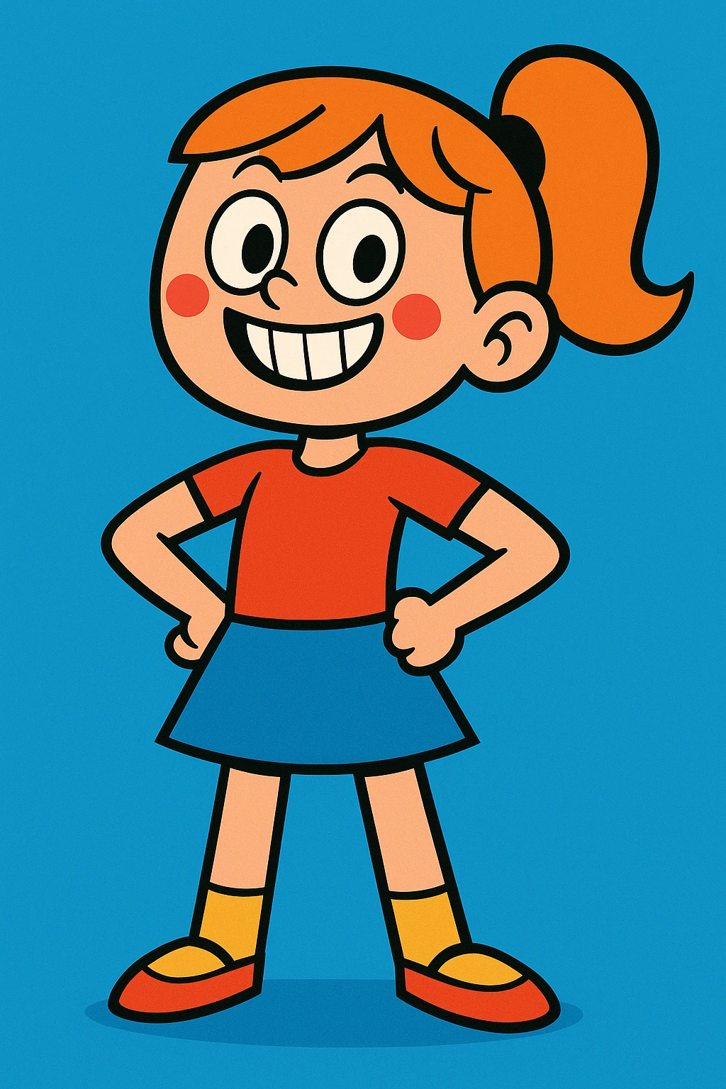 girl smiling, hands on hips, vibrant cartoon style emoji