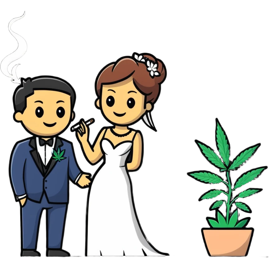 Person in fancy clothes sneaking into a wedding ceremony with a mischievous grin, uninvited guest, smoking cannabis emoji