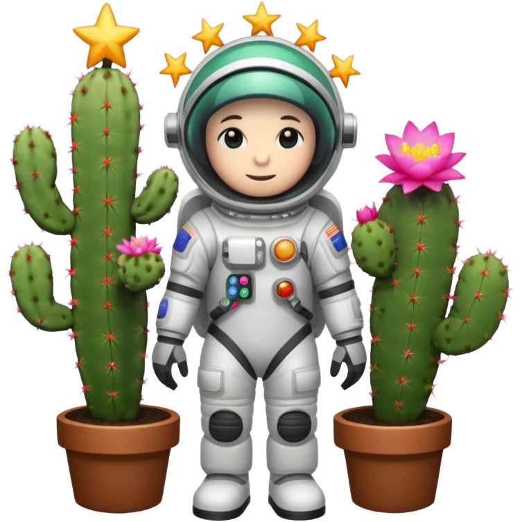A spacesuit-wearing cactus blooming neon stars instead of flowers, with mini planets on its prickles emoji