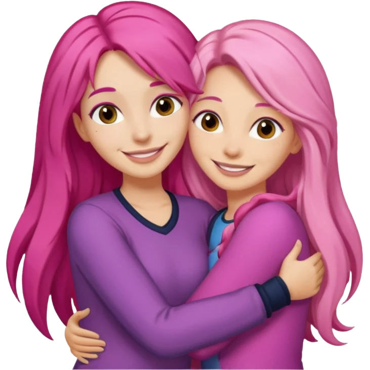 Surprisingly goofy once they open up. Strong, loyal, and incredibly supportive — but still hates wasting time. one woman long pink hair hugging another woman with dark hair emoji