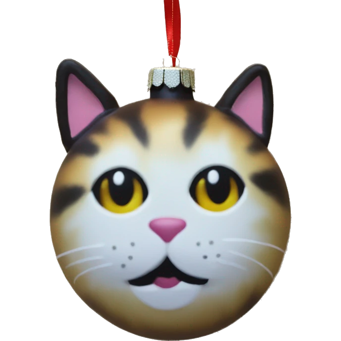A Christmas ornament made out of a cat face emoji
