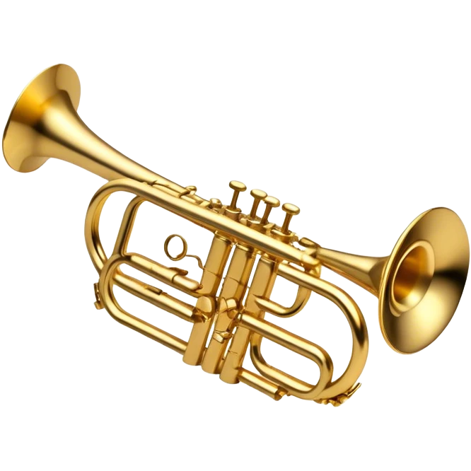 Cinematic Realistic Trumpet, polished brass with warm golden reflections, intricate valve details subtly highlighted, soft hands pressing the keys, glowing with bold and triumphant musical energy. emoji