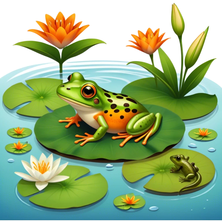 Icon for Amphibians: A colorful collage featuring a frog sitting on a lily pad, a salamander crawling on the ground and a newt swimming in water. The background features lily flowers and a calm pond setting. Transparent background. emoji