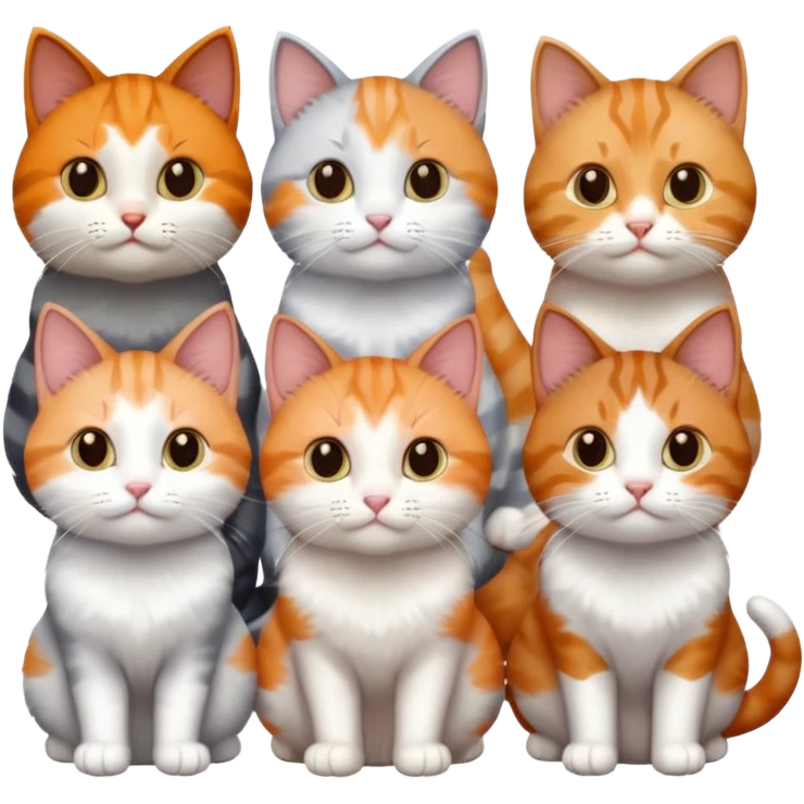 6 cats with different coloured coats, 2 are grey and white, 1 is grey with a little white, 1 calico, 1 brown tabby and white and one ginger and white emoji