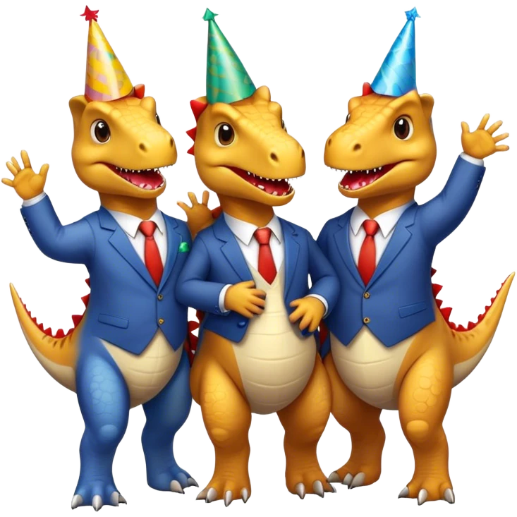 three office dinosaurs in office suits celebrating birthday emoji