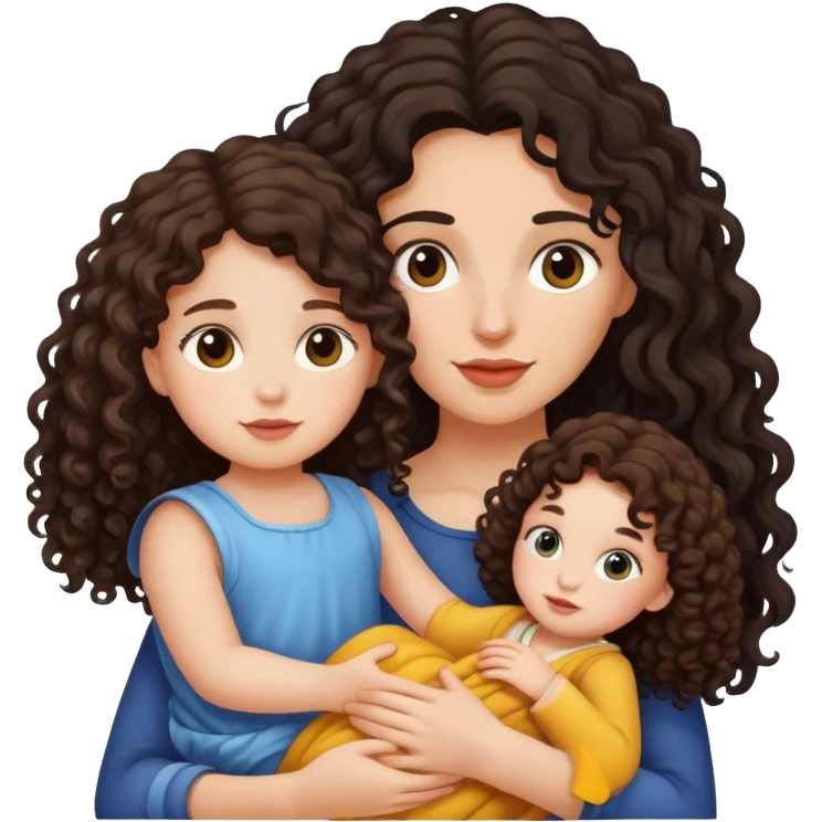 Girl in curly long dark hair holding her daughter  emoji
