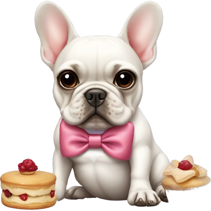 French bulldog that’s wearing a bow and has French pastries  emoji