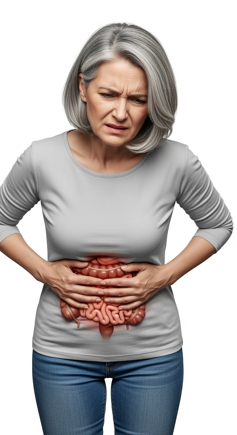 DONNA CHE SI TIENE LA PANCIA DOLORANTE CON INTESTINO VISIBILE, ESPRESSIONE DI DOLORE IN VOLTO, iperrealistico 4k, ISOLATA SU SFONDO BIANCO emoji