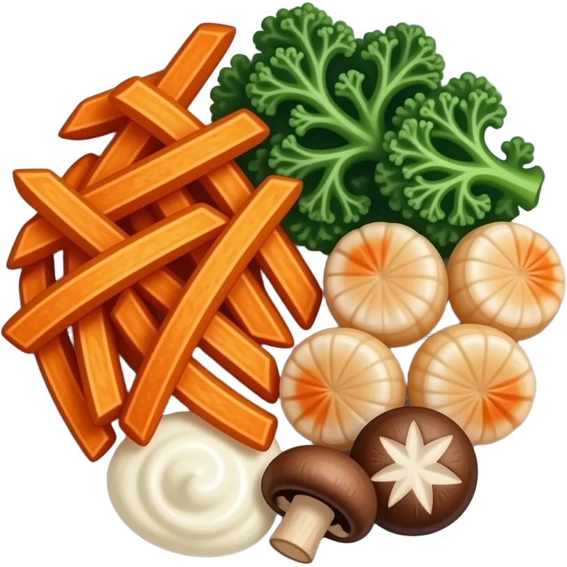 Realistic plate of sweet potato fries, kale, scallops, mushrooms and sour cream emoji