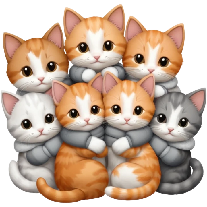 6 tiny kittens cuddling together all various different natural colours including solid grey with white mittens, grey and white, ginger and white, calico, and brown and white emoji