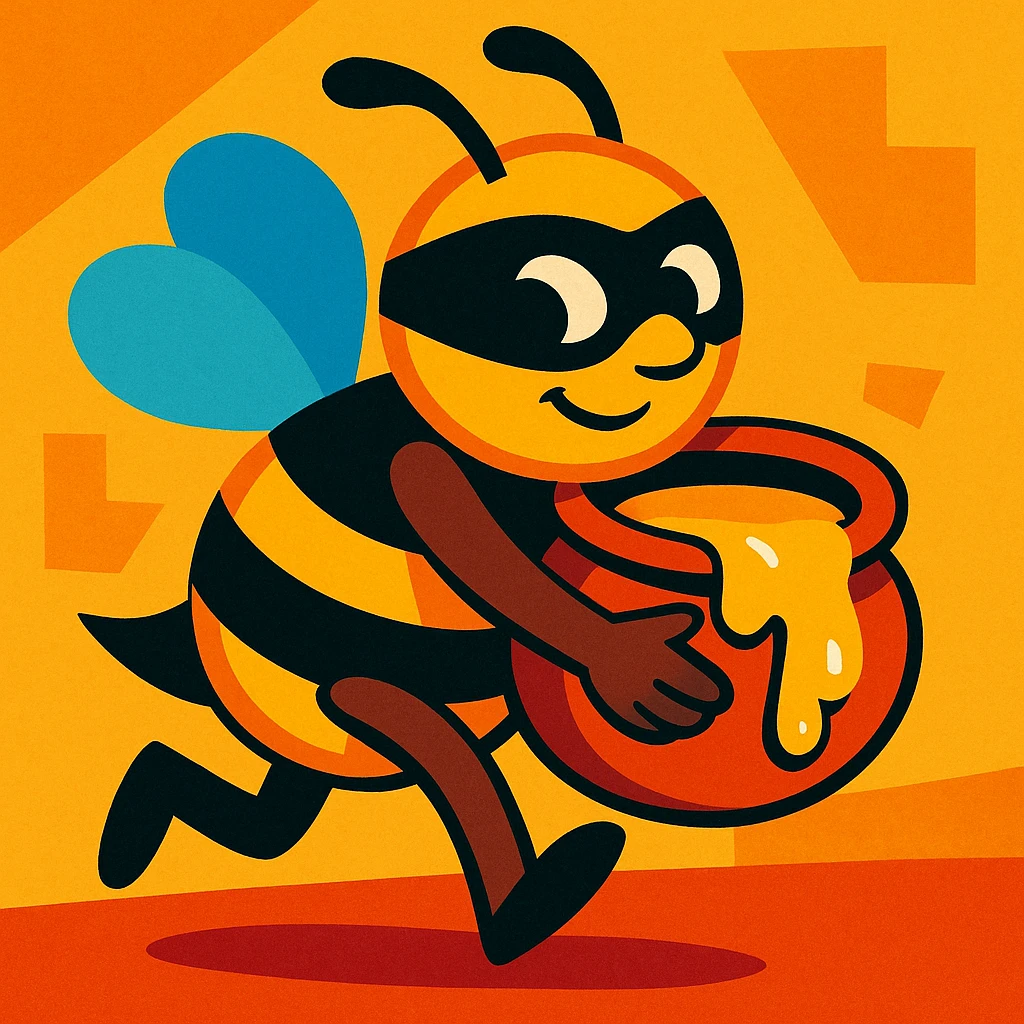 a bee in a mask tiptoeing with honey, playful style, vibrant colors, cartoon style emoji